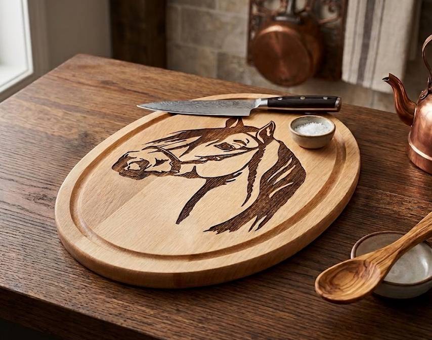 Dřevěné servírovací prkénko - podnos oválné kůň, masivní dřevo, 30 cm
