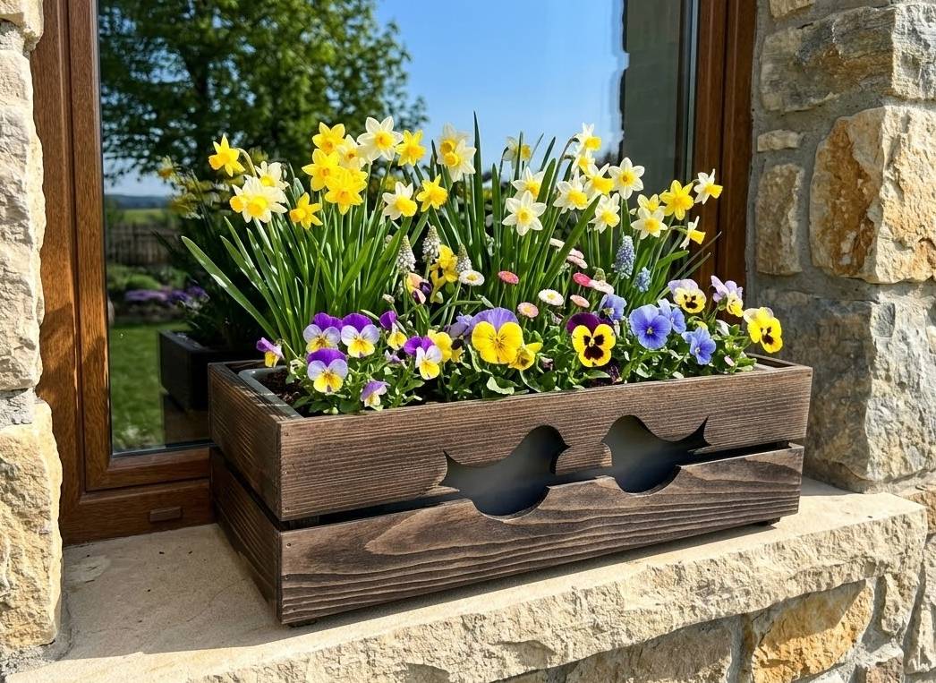 Dřevěný obal na truhlík tmavý s ptáčky, 52x21,5x17cm, český výrobek