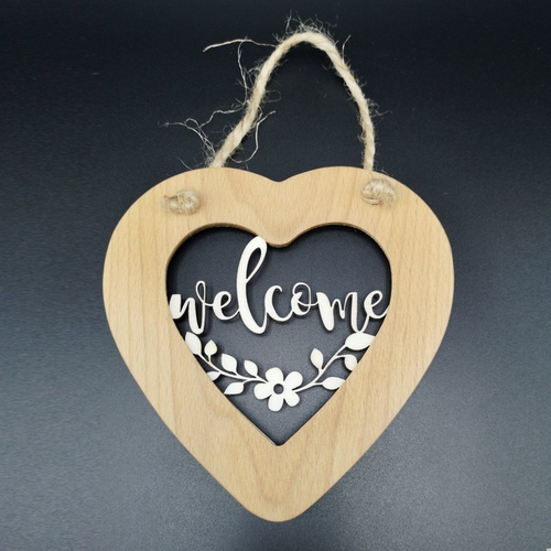 Dřevěné srdce s vkladem Welcome, masivní dřevo, velikost 16 cm