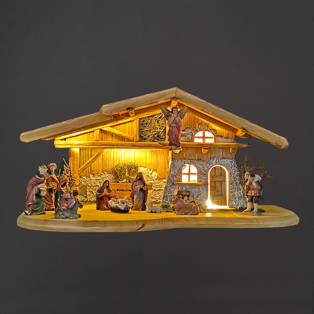 Dřevěný osvětlený betlém s figurkami 54 cm