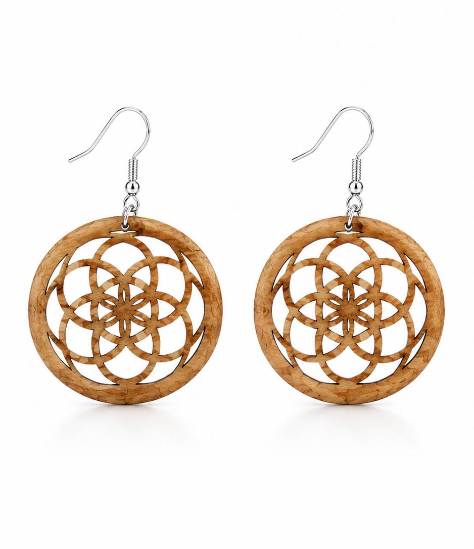 Dřevěné náušnice kulaté - mandala, 3cm