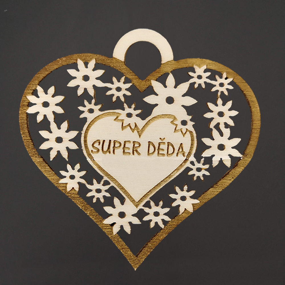 Dřevěné srdce s textem "super děda", 7 cm, český výrobek