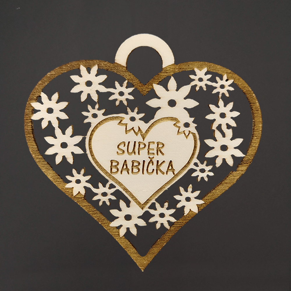 Dřevěné srdce s textem "super babička", 7 cm, český výrobek
