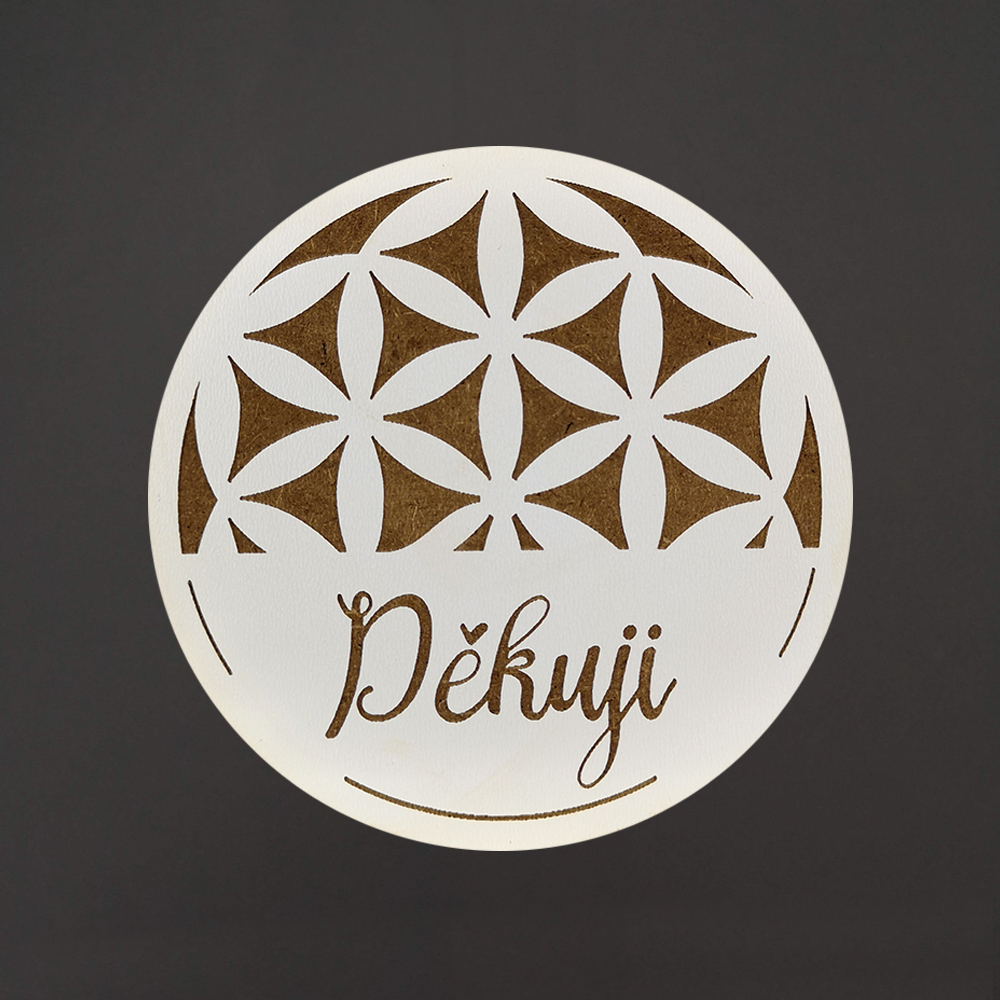 Dřevěný podtácek kulatý text "děkuji", průměr 10,5 cm, český výrobek