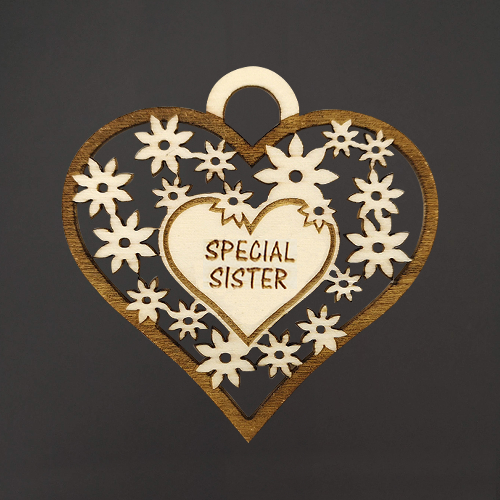 Dřevěné srdce s textem "SPECIAL SISTER", 7 cm, český výrobek
