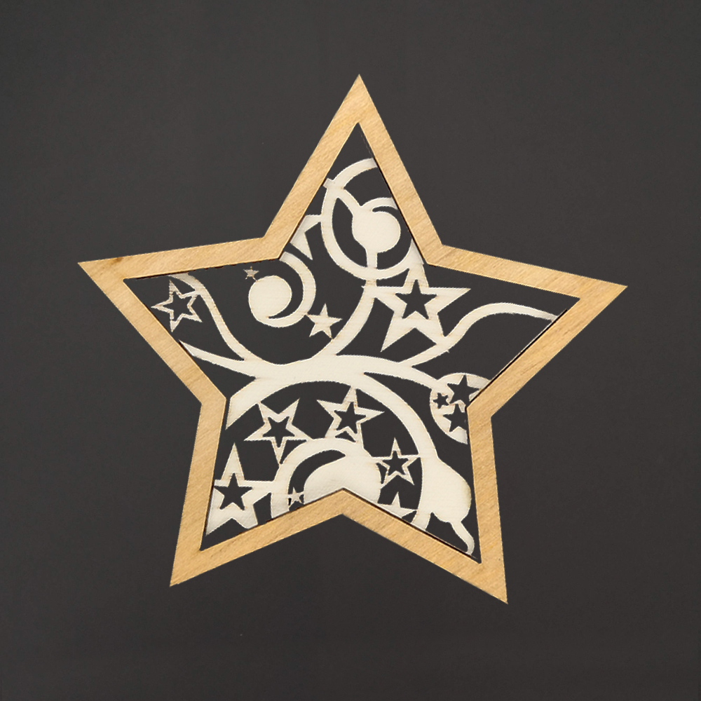 Dřevěná ozdoba hvězda ornament dvojitá, 9 cm, český výrobek