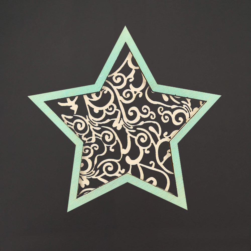 Dřevěná ozdoba hvězda ornament dvojitá zelená, 9 cm, český výrobek