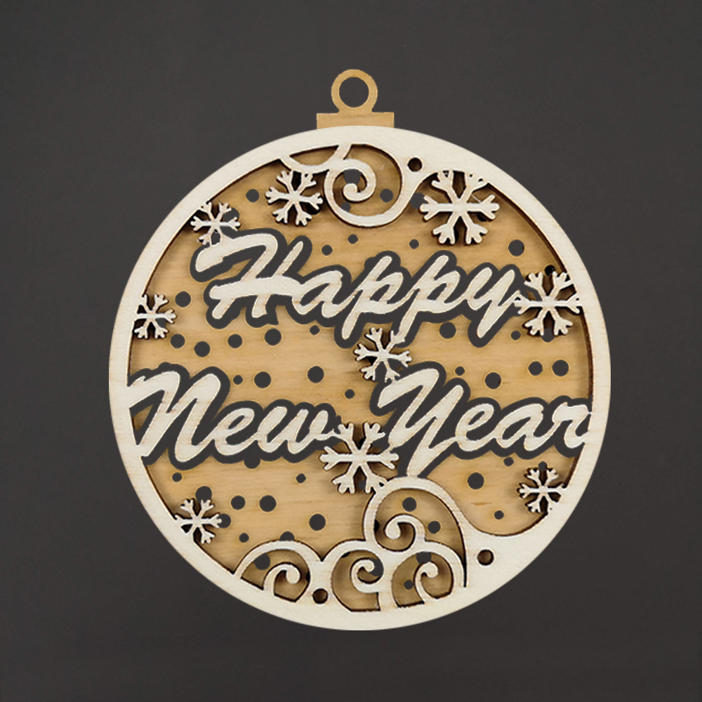 Dřevěná ozdoba kulatá Happy New Year dvojitá, 9 cm, český výrobek