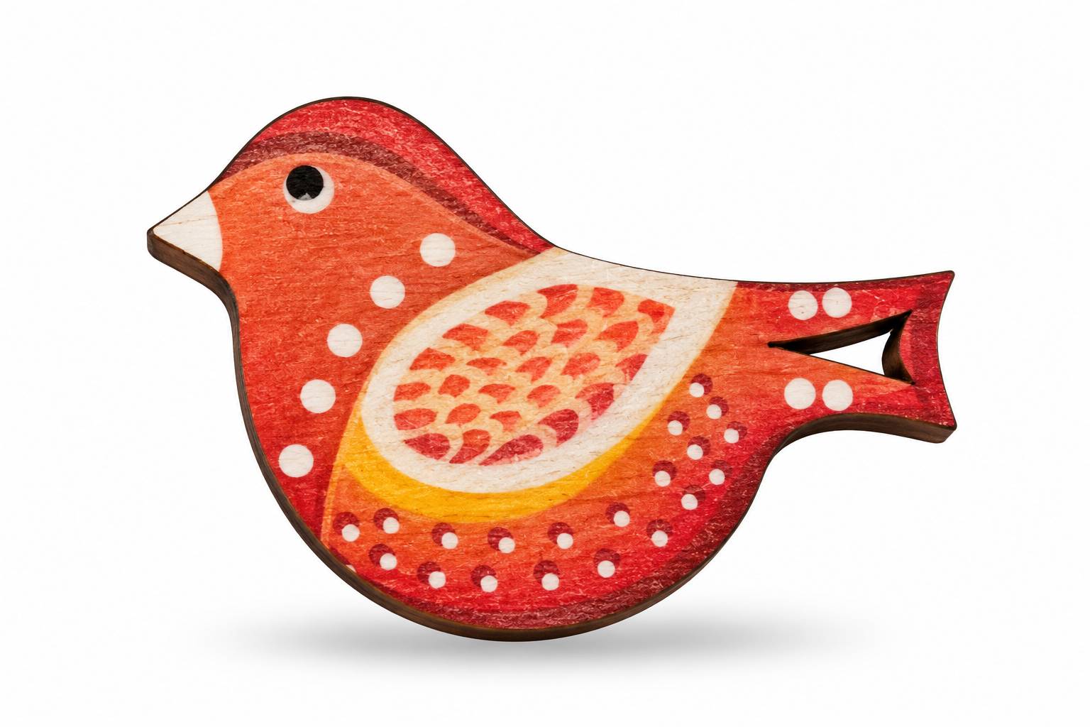 Dřevěná brož červený ptáček, 6x4 cm