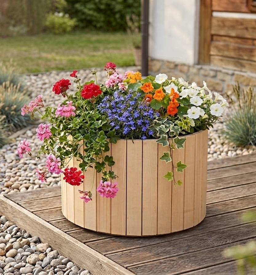 Dřevěný designový obal s plastovou nádobou uvnitř, 64x64x35 cm