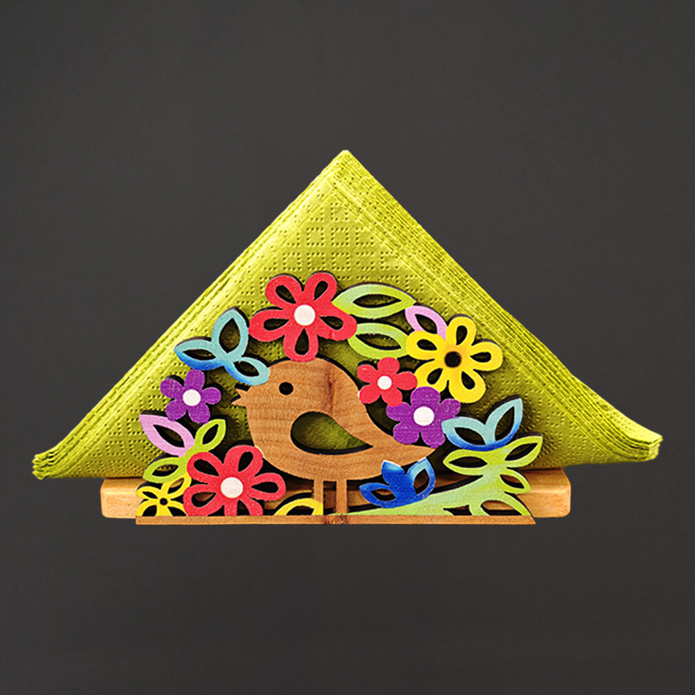 Dřevěný stojánek na ubrousky s ptáčkem barevný, masivní dřevo, 12,5x6,5x3,5 cm