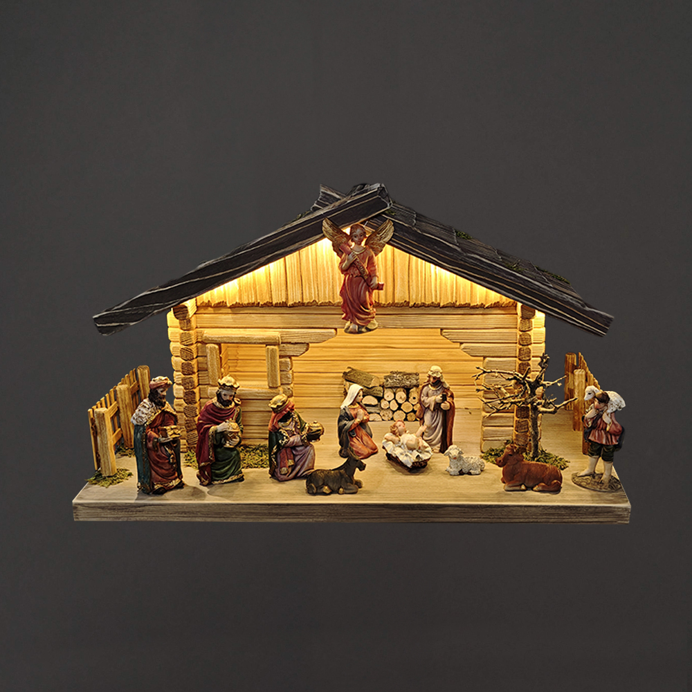 Dřevěný betlém osvětlený s figurkami 42 cm, český výrobek