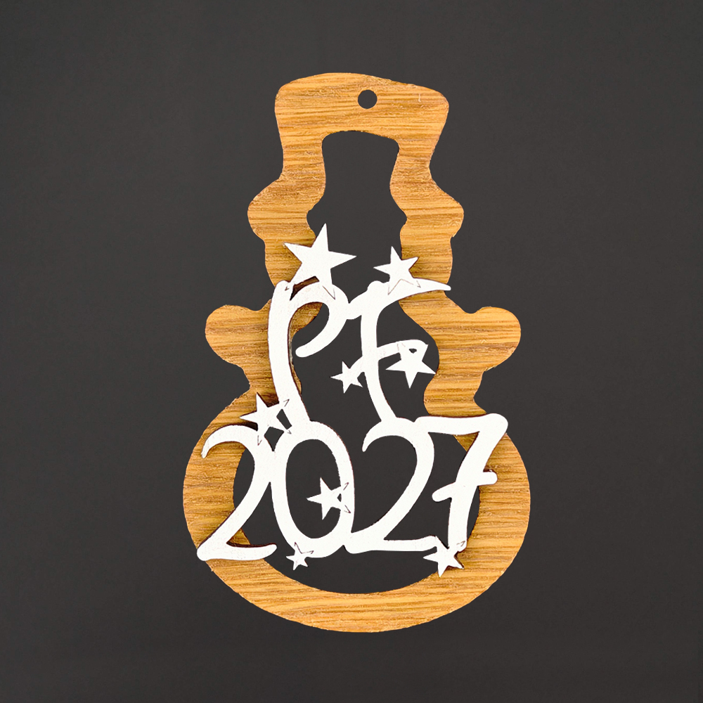 Dřevěná ozdoba z masivu sněhulák - vklad PF 2027, 8,5 cm, český výrobek