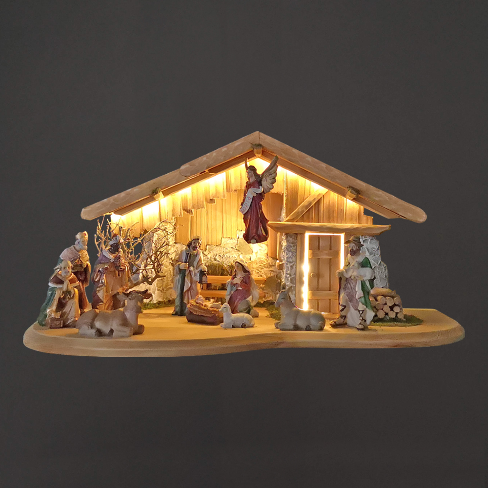 Dřevěný osvětlený betlém s figurkami 60 cm