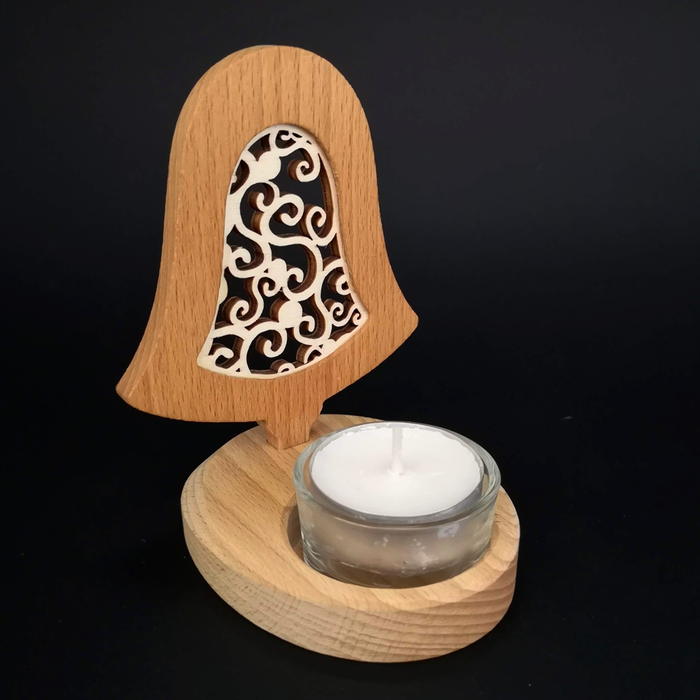 Dřevěný svícen zvonek s vkladem - ornament, masivní dřevo, výška 10 cm
