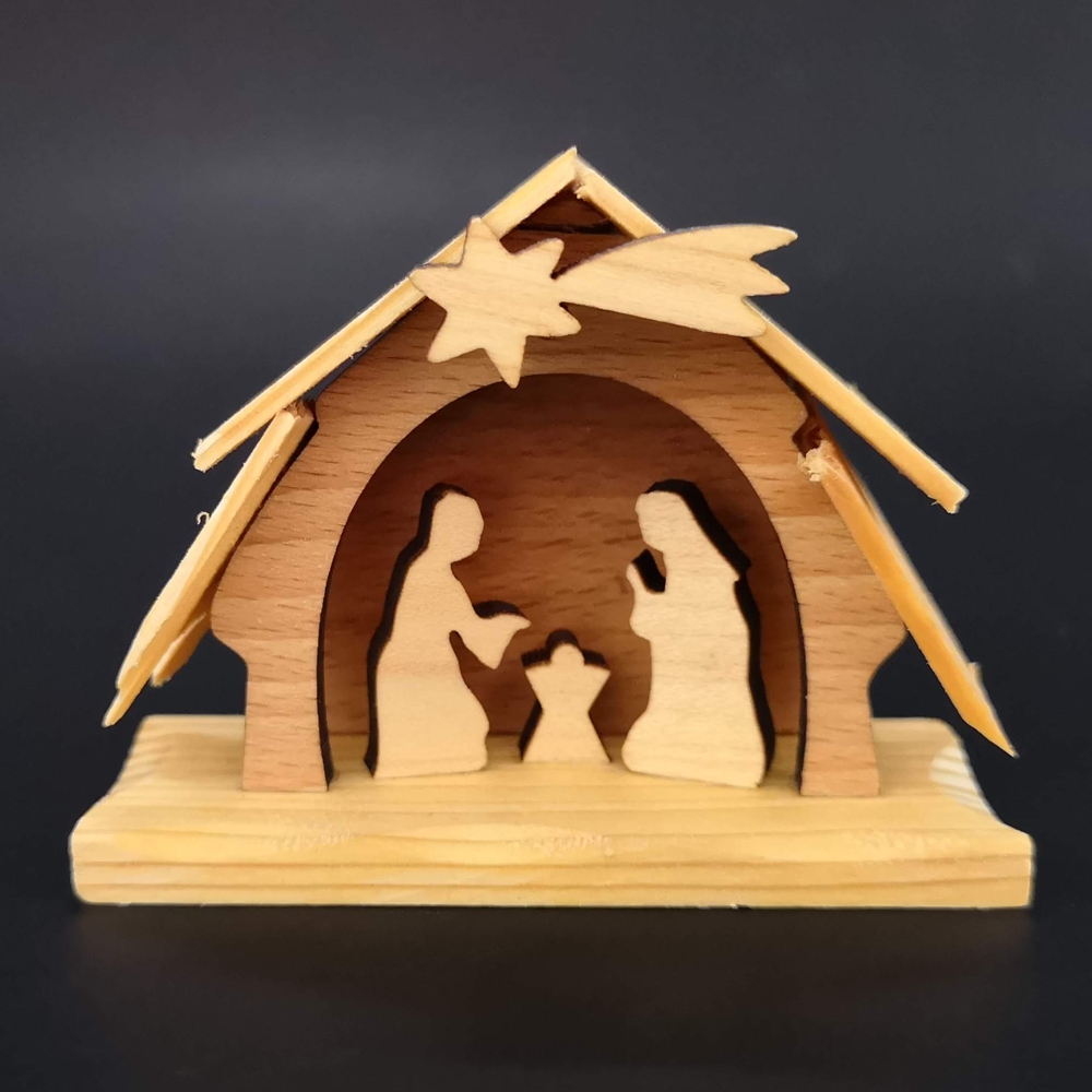 Dřevěný betlém, masivní dřevo dvou druhů dřevin, 7x 6x3 cm