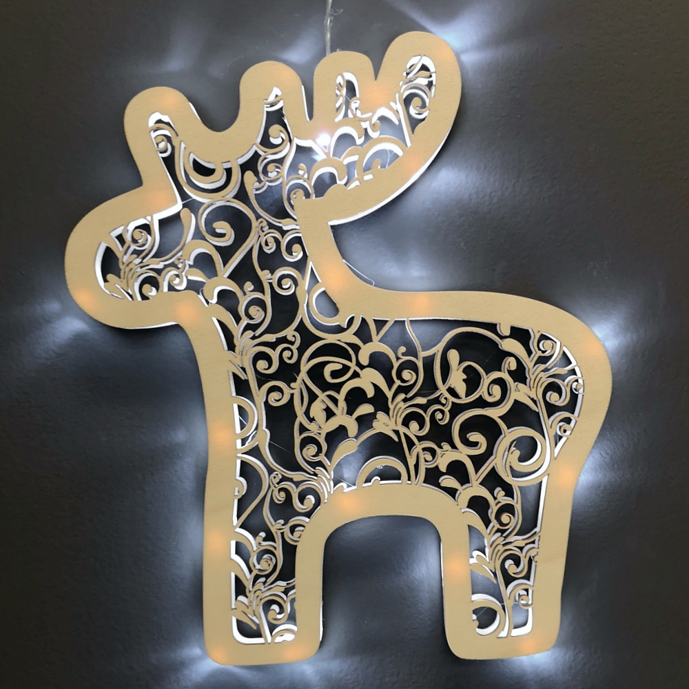 Dřevěná svítící dekorace sob s LED osvětlením, 32 cm