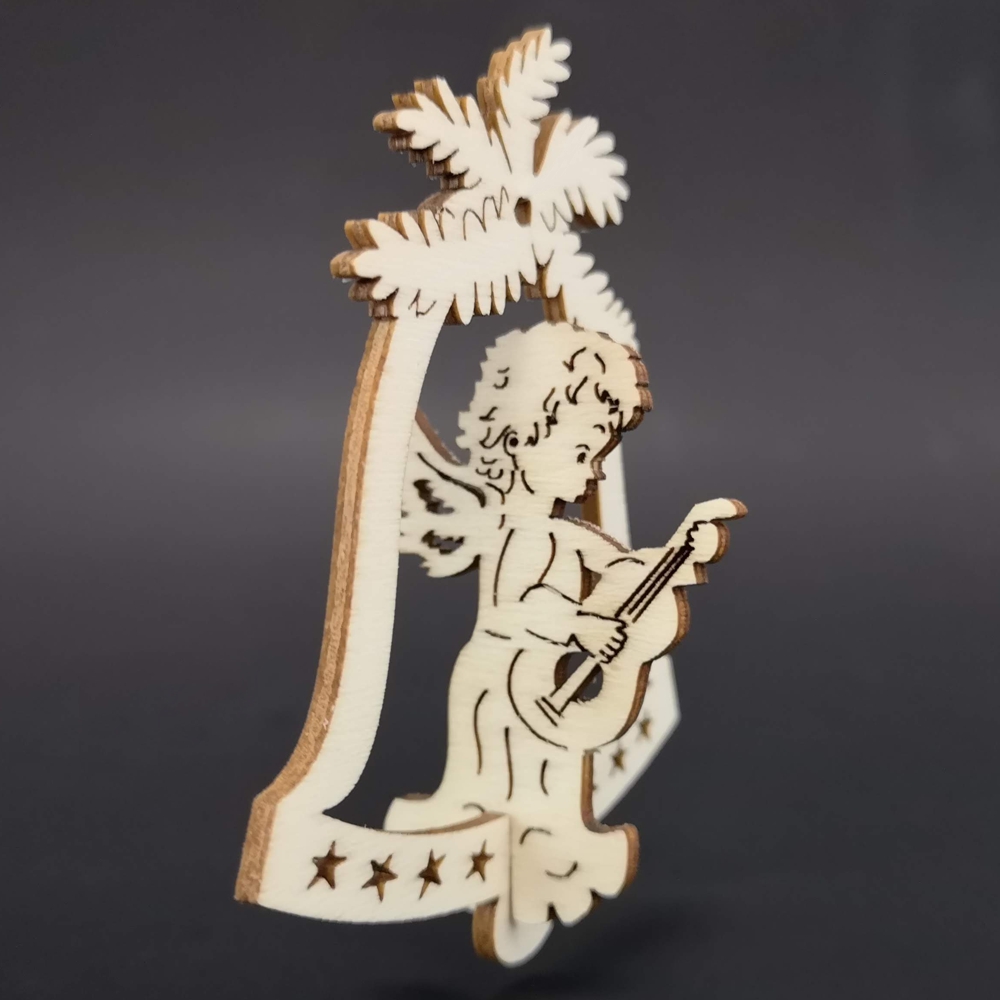 Dřevěná ozdoba 3D zvonek - anděl s kytarou 9 cm