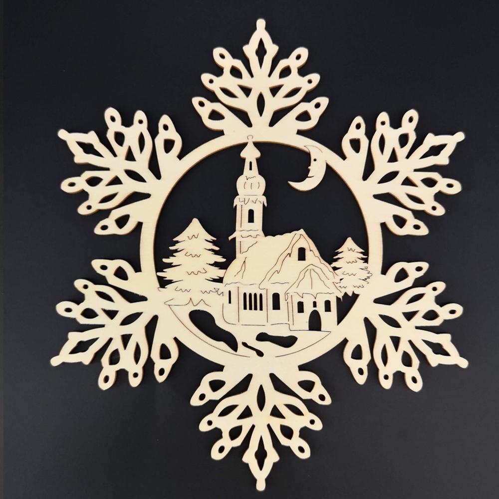 Dřevěná ozdoba vločka s kostelem 20 cm