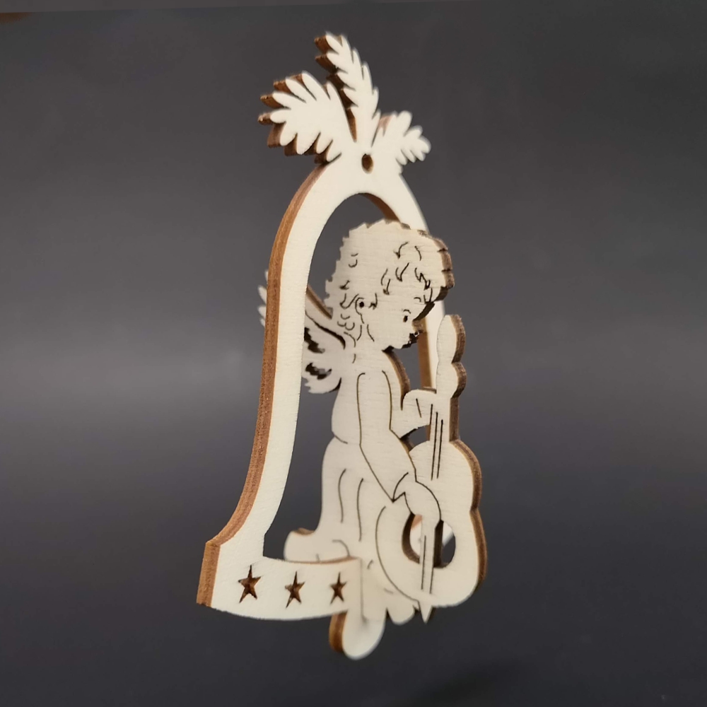 Dřevěná ozdoba 3D zvonek - anděl s basou 9 cm