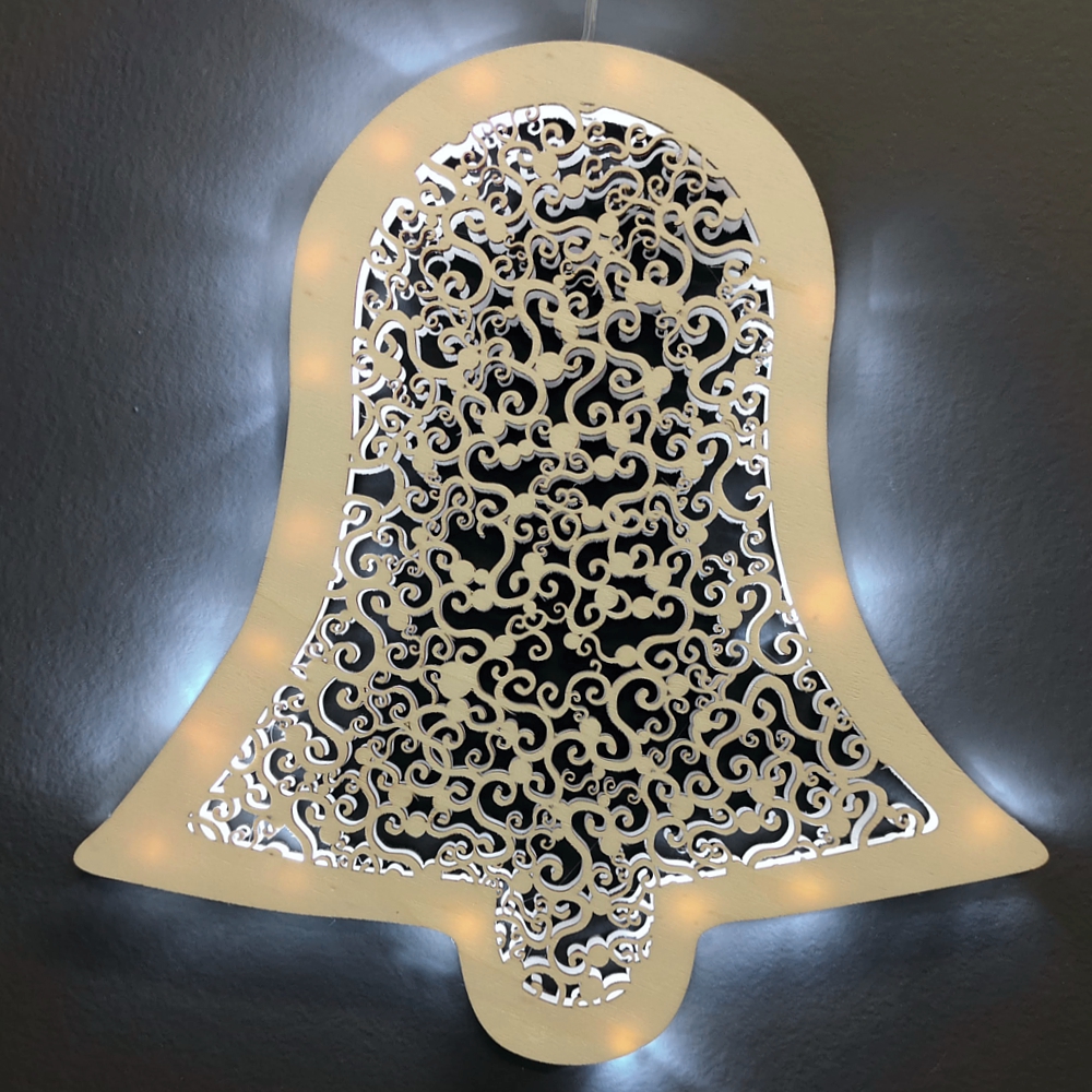 Dřevěná svítící dekorace zvon s LED osvětlením, 29 cm