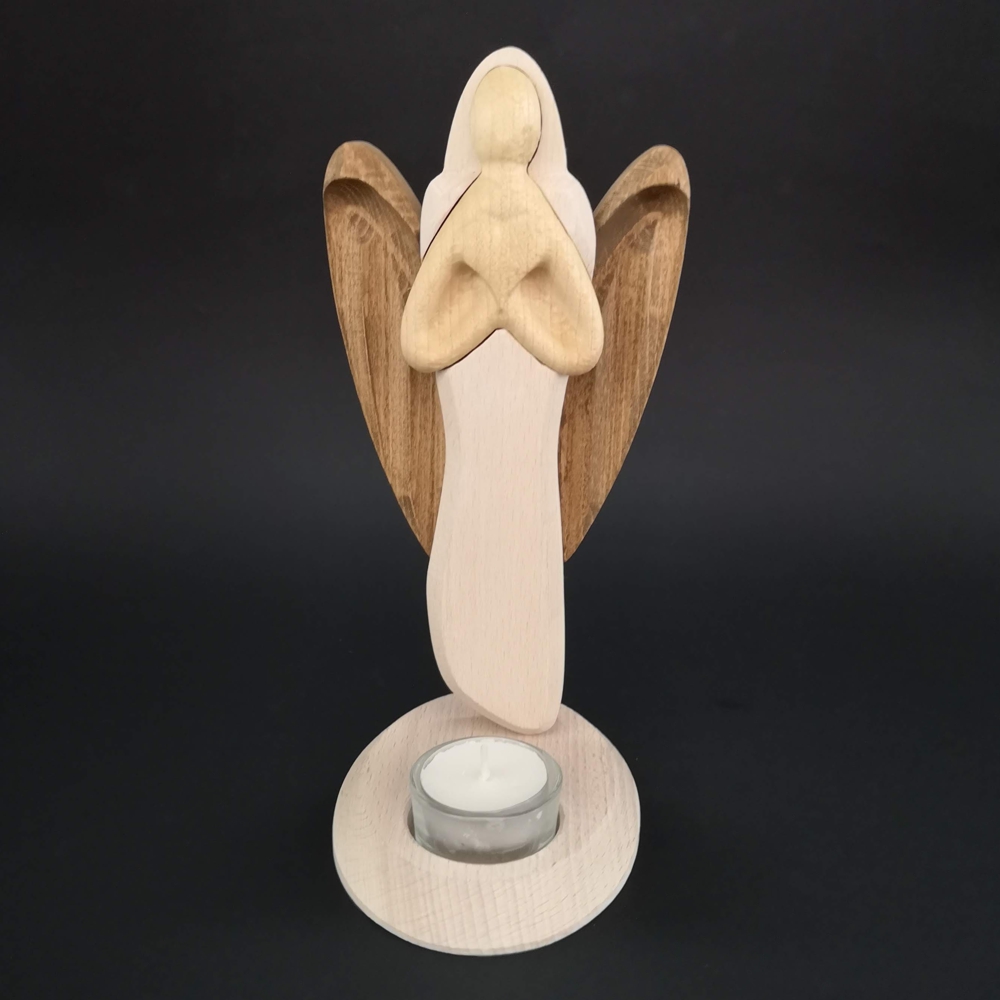 Dřevěný svícen anděl se srdcem, barevný, masivní dřevo, výška 25 cm