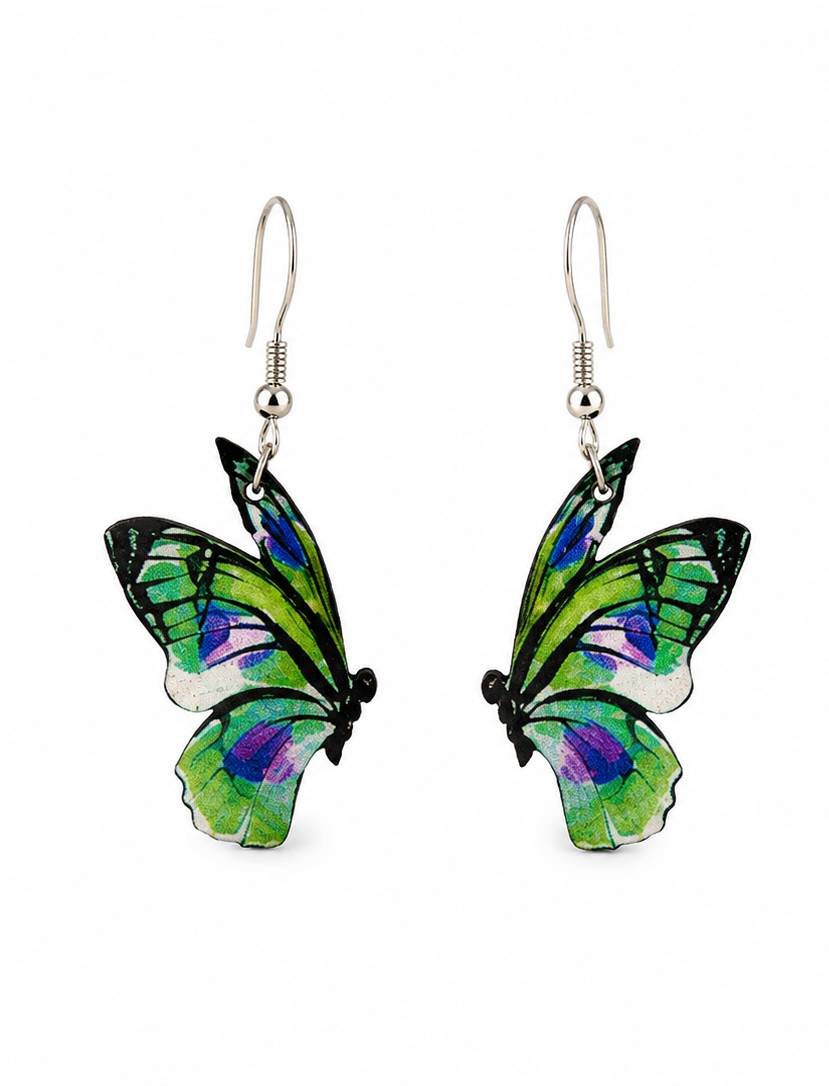 Dřevěné náušnice motýl zelený, 3 cm
