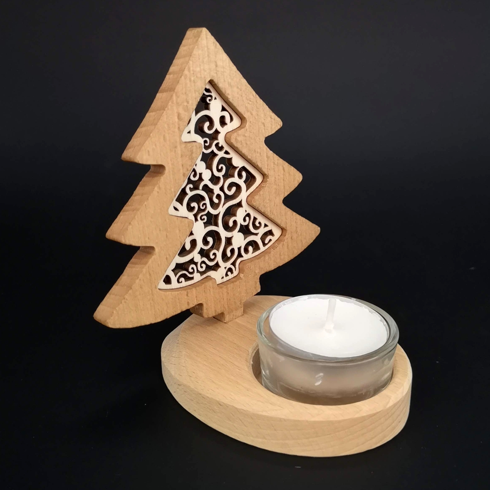Dřevěný svícen stromek s vkladem - ornament, masivní dřevo, výška 10 cm
