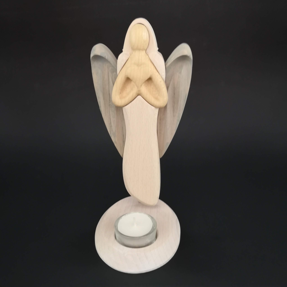 Dřevěný svícen anděl se srdcem, barevný, výška 25 cm