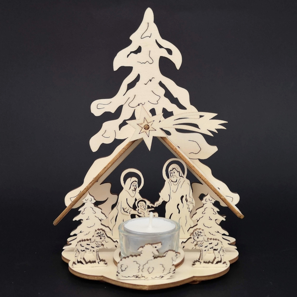 Dřevěný svícen betlém, skládací, 19 cm