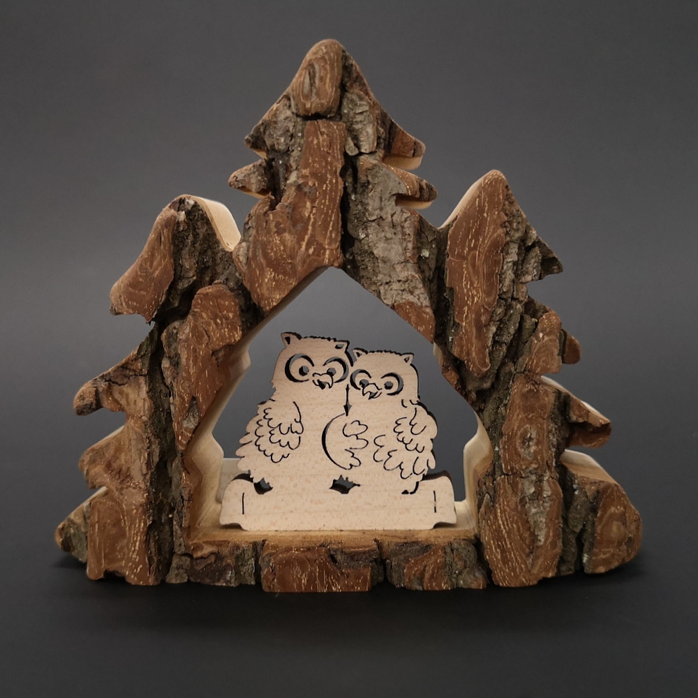 Dřevěná dekorace stromy s kůrou a sovami, masivní dřevo, 10x13x3 cm