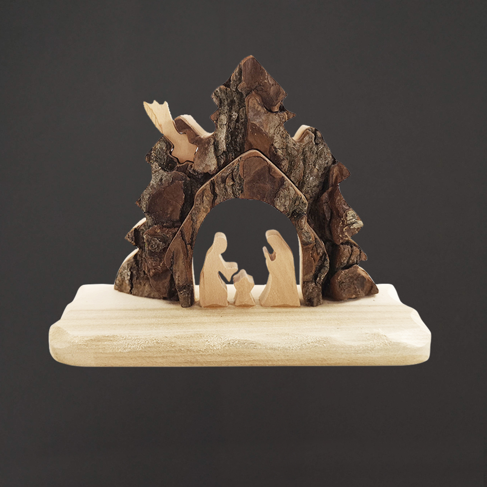 Dřevěný betlém s kůrou, masivní dřevo, 13x10x3 cm
