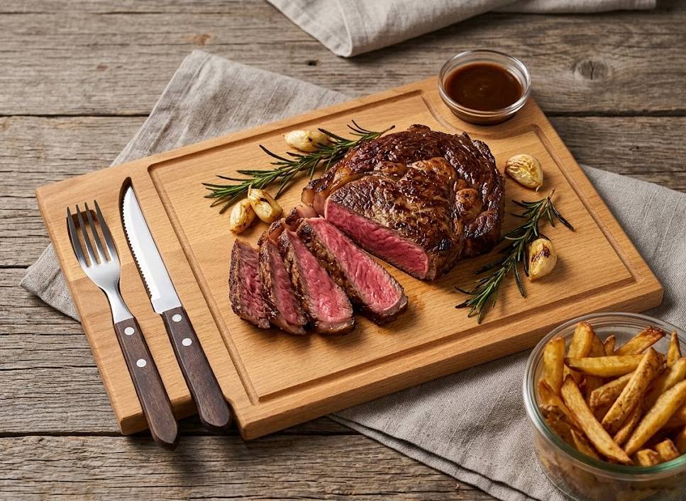 Dřevěné prkénko na steak s příborem a skleněnou miskou, masivní dřevo, 36x23x2 cm