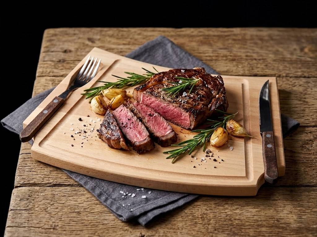 Dřevěné prkénko na steak s příborem, masivní dřevo, rozměr 36x22x2 cm