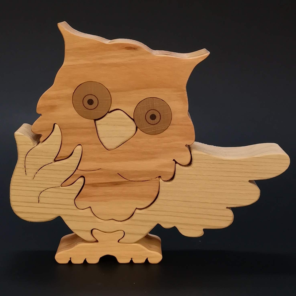 Dřevěné puzzle sova, masivní dřevo dvou druhů dřevin, 15 cm