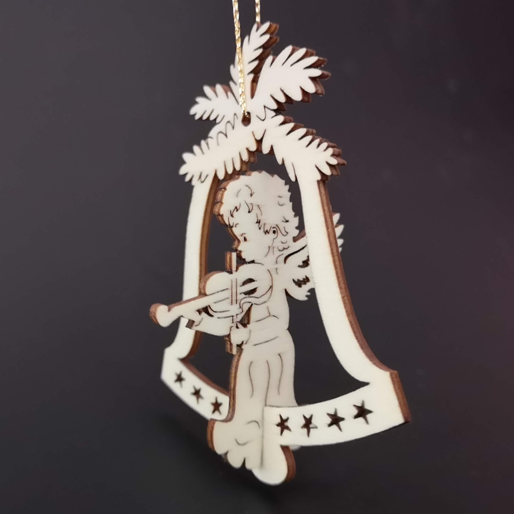Dřevěná ozdoba 3D zvonek - anděl s houslemi 9 cm