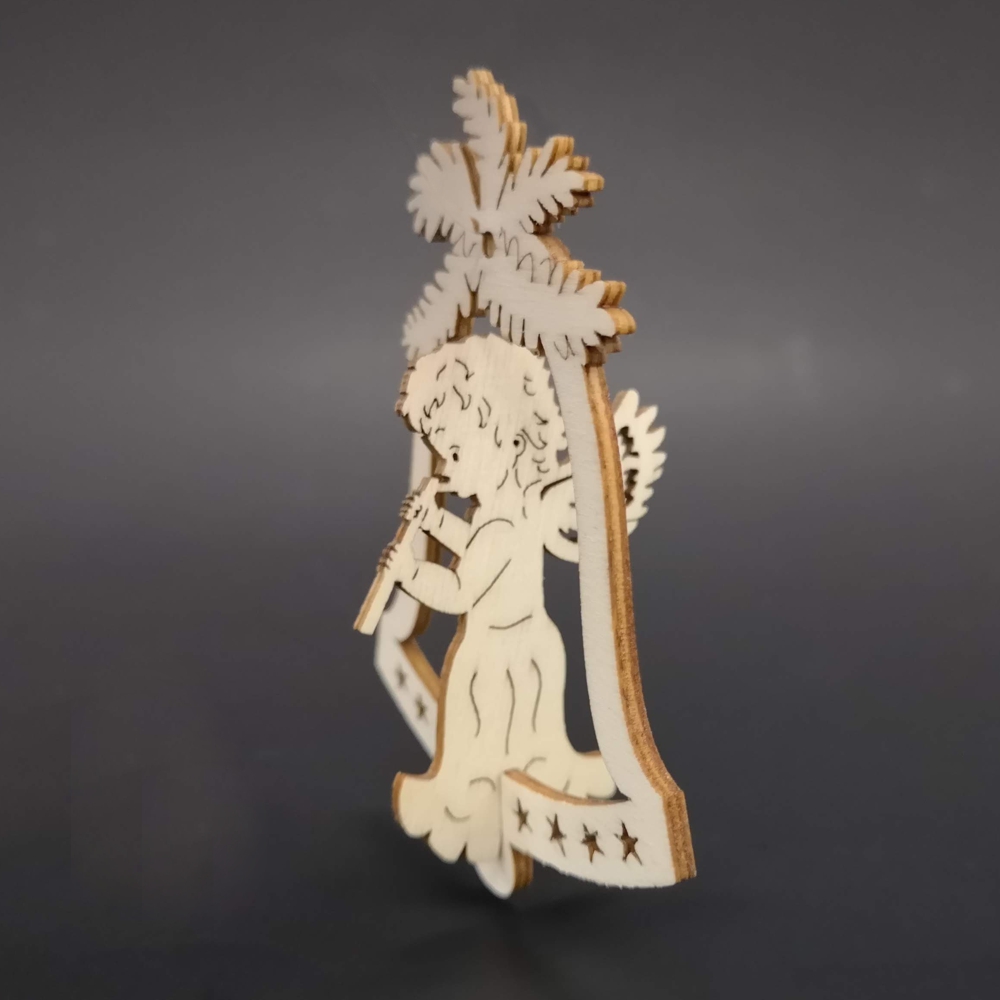 Dřevěná ozdoba 3D zvonek - anděl s píšťalou 9 cm