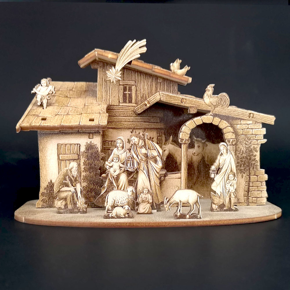 Dřevěný skládací betlém sépiový 3D 12 cm