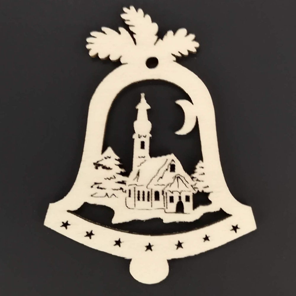 Dřevěná ozdoba zvonek s kostelem 6 cm