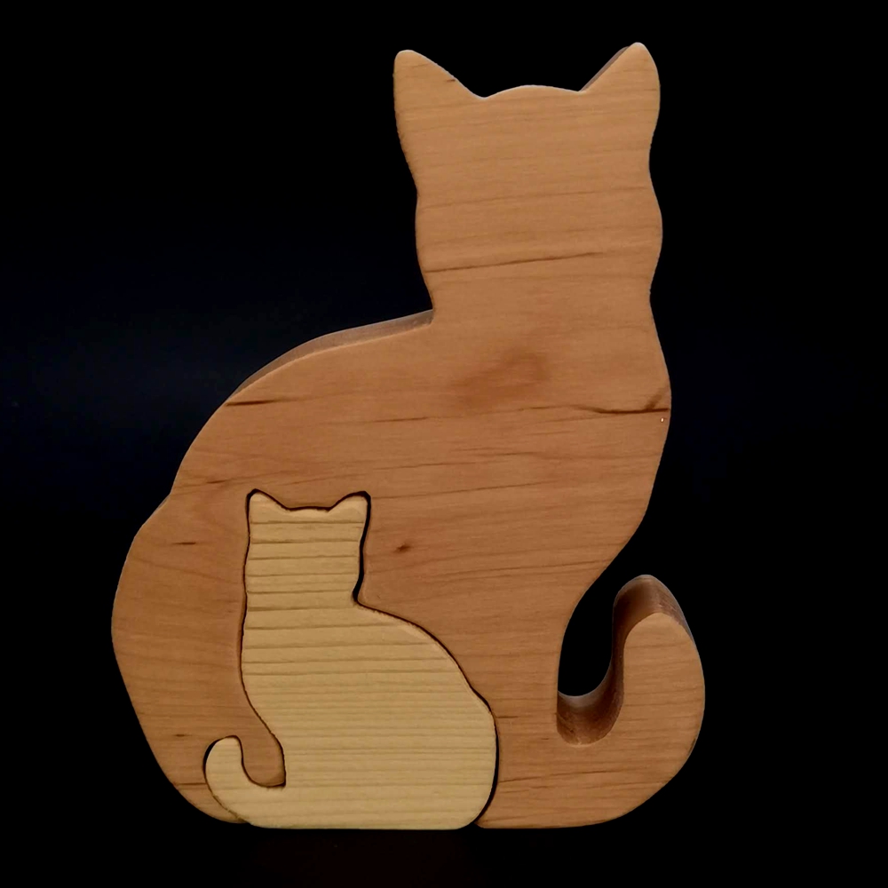 Dřevěné puzzle kočky, masivní dřevo dvou druhů dřevin, 11,5x15x3 cm