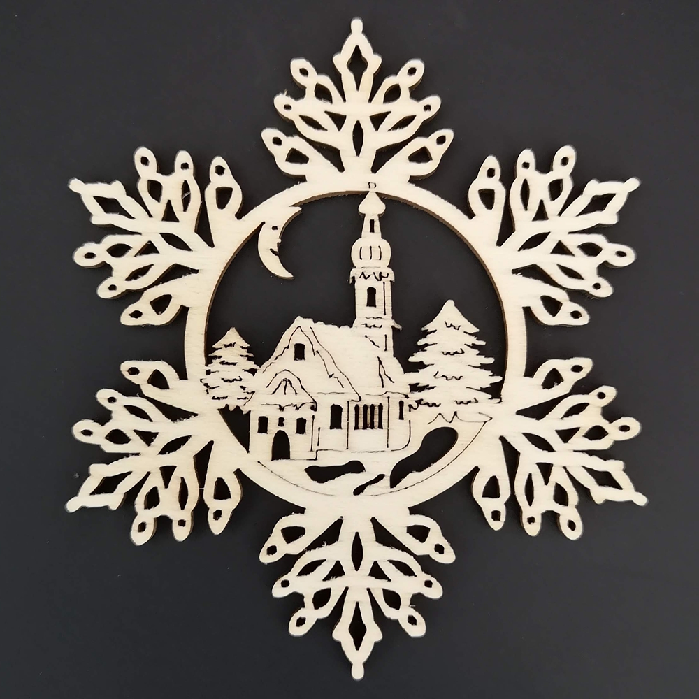 Dřevěná ozdoba vločka s kostelem 9 cm