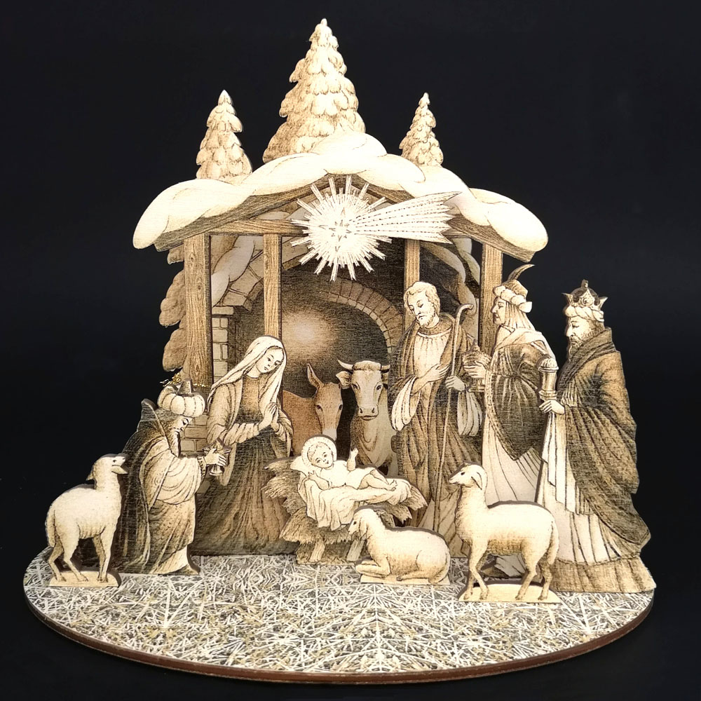 Dřevěný skládací betlém sépiový 3D 20 cm