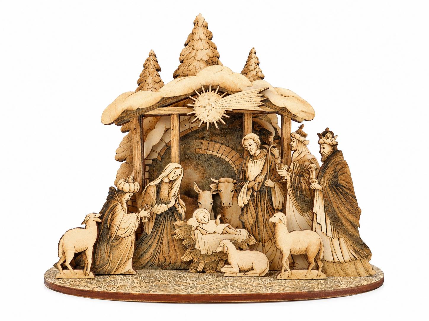 Dřevěný skládací betlém sépiový 3D 20 cm