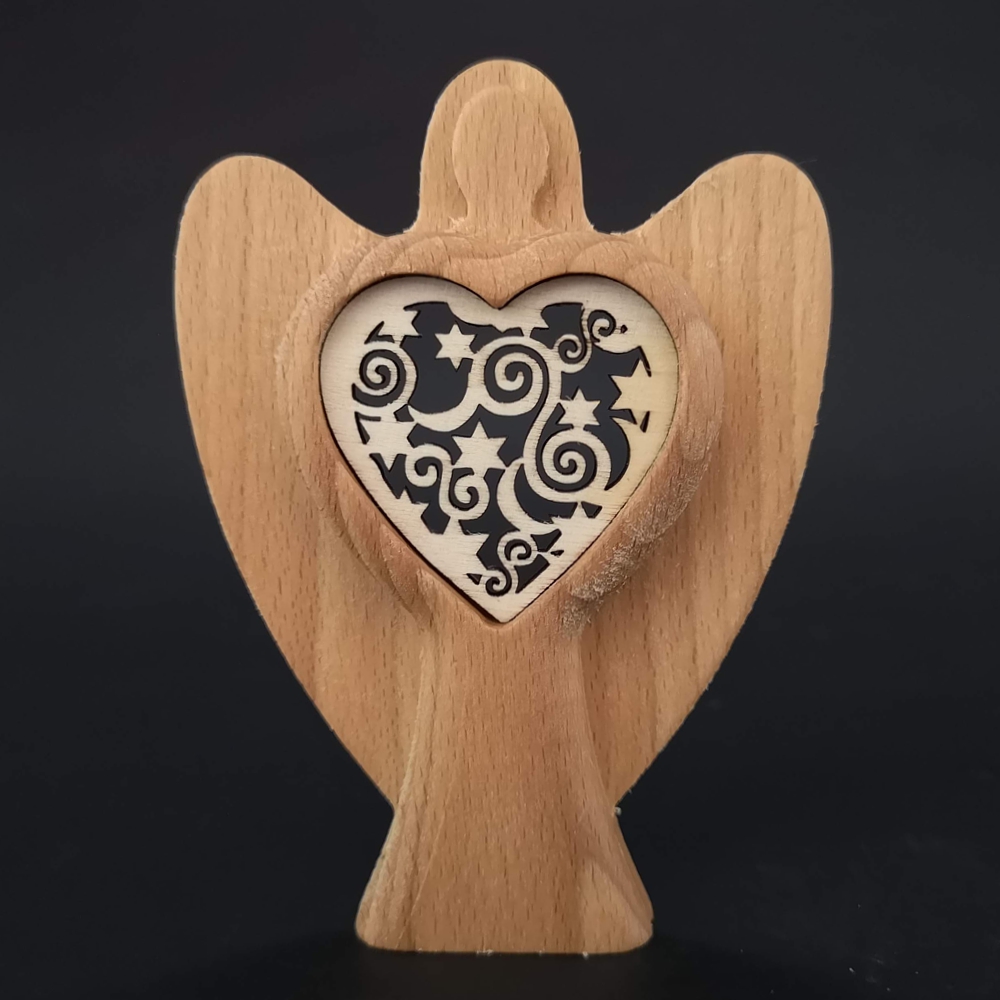 Dřevěný anděl s vkladem - ornament, masivní dřevo, výška 10 cm