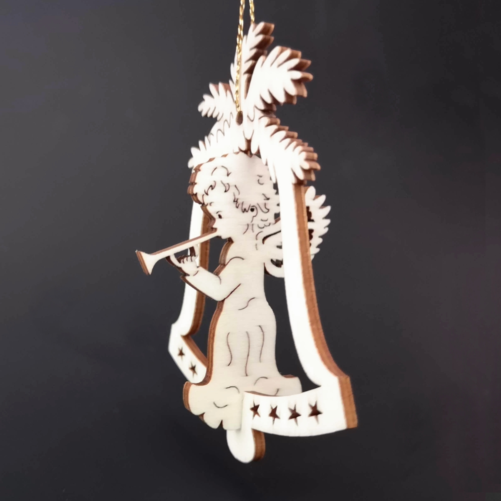 Dřevěná ozdoba 3D zvonek - anděl s trubkou 9 cm