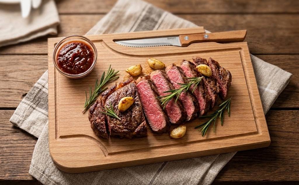 Dřevěné prkénko na steak s nožem a miskou, masivní dřevo, 30x20x1,5 cm