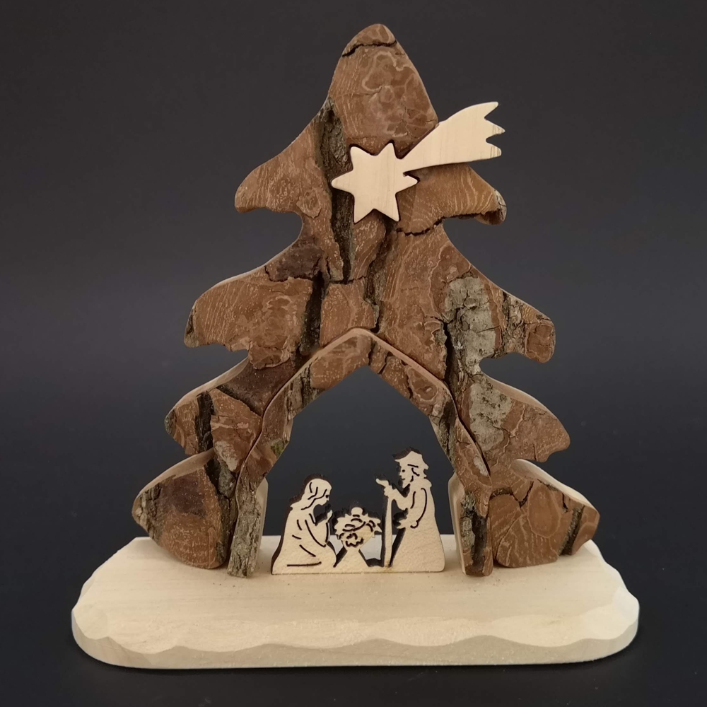 Dřevěný betlém s kůrou, masivní dřevo, 14x14x3 cm