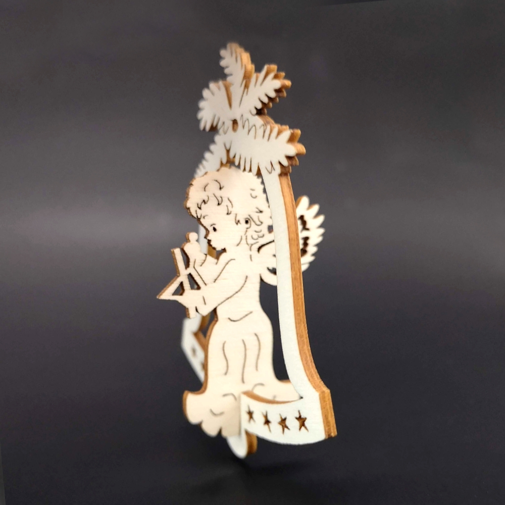 Dřevěná ozdoba 3D zvonek - anděl s trianglem 9 cm