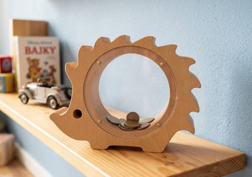 Dřevěná kasička ve tvaru ježka 20 cm