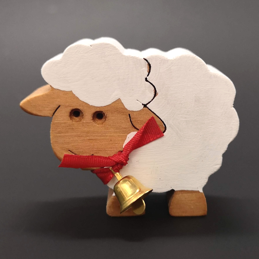 Dřevěná ovečka bílá se zvonkem, masivní dřevo, 6x5x2 cm